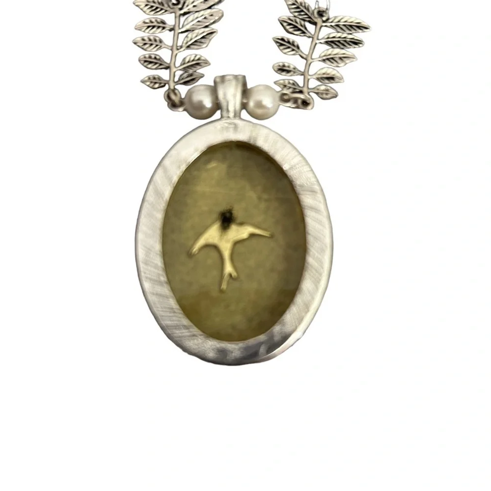 Double Slivertone Chain w/ Leaf & Faux Pearl & Gold/Yellow Pendant & Silver Bird